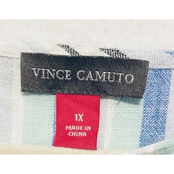 Vince Camuto Top Womens 1X Striped Frayed Hem Linen Blend Short Sleeve Boho - Picture 6 of 8